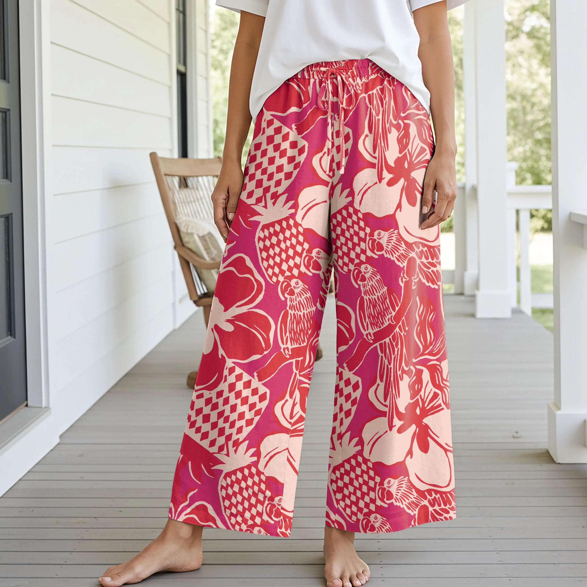 Women Casual Pants Lounge Elastic Waist Drawstring with Pockets 93% Lyocell, 7% Linen Aloha Vibrant Tropical Flowers And Birds