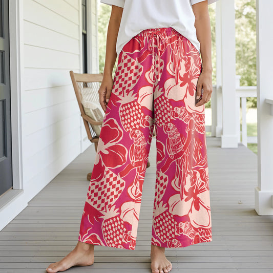 Women Casual Pants Lounge Elastic Waist Drawstring with Pockets 93% Lyocell, 7% Linen Aloha Vibrant Tropical Flowers And Birds