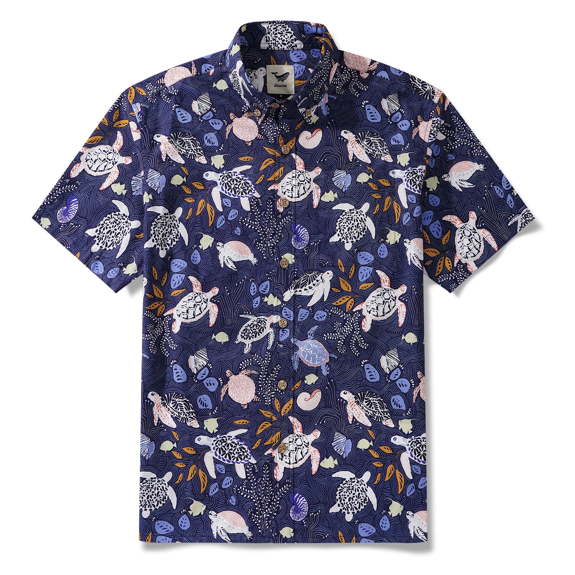 Chemise hawaïenne masculine bouton à manches courtes 100% coton bleu Aloha Happy Sea Turtles Family Navy Blue par Annick