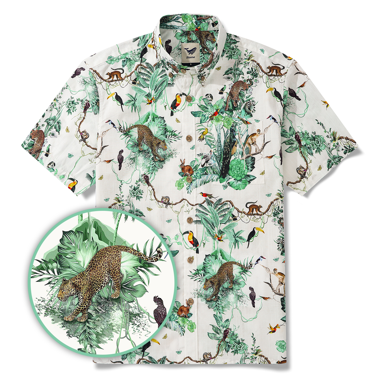 Chemise hawaïenne pour homme à manches courtes, boutonnée, 100 % coton, verte, Aloha, évasion tropicale dans la jungle.