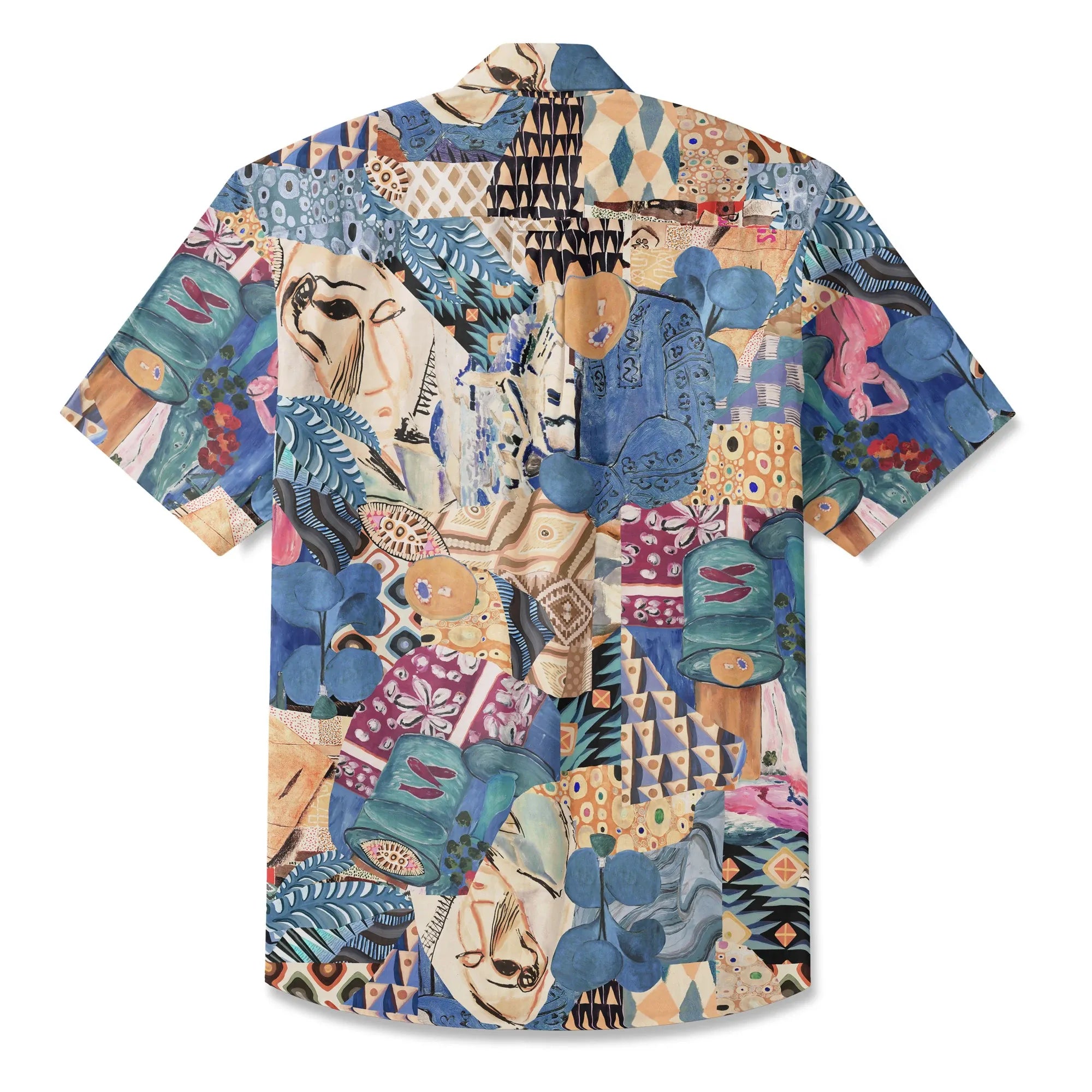 Blue art shirt, men's short sleeve, button-up