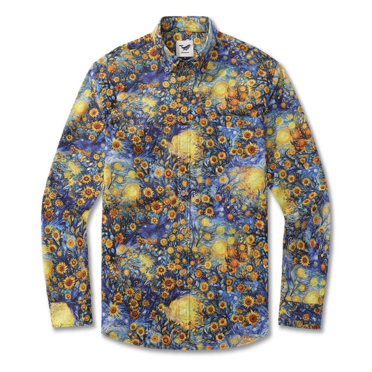 Langärmliges Hawaiian Hemd für Herren Van Gogh Sonnenblume Baumwolle Knopf-down Aloha Hemd