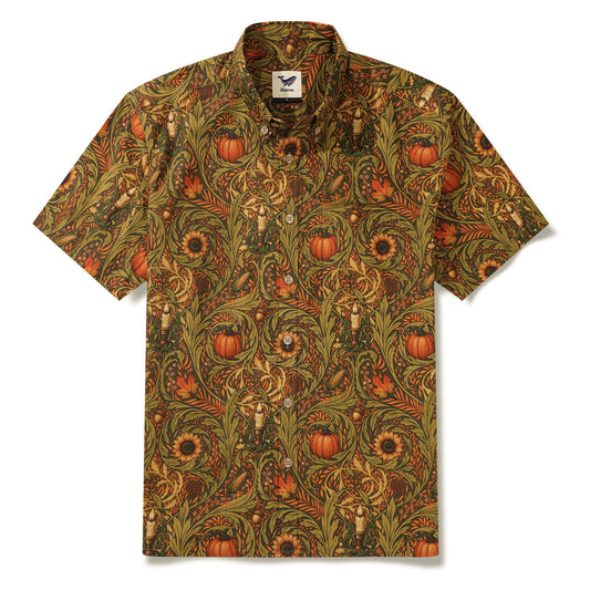 Men's Hawaiian Shirt Short Sleeve Button-down 100% Cotton Green Aloha Morris's Harvest Whisper