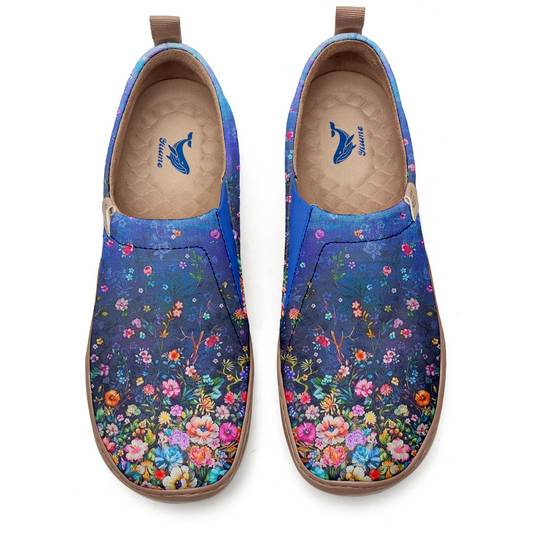 Yiume Women's Art Slip-On Casual Shoes Navy Blue Floral Painted,100% Cotton Deep Blue Floral Burst
