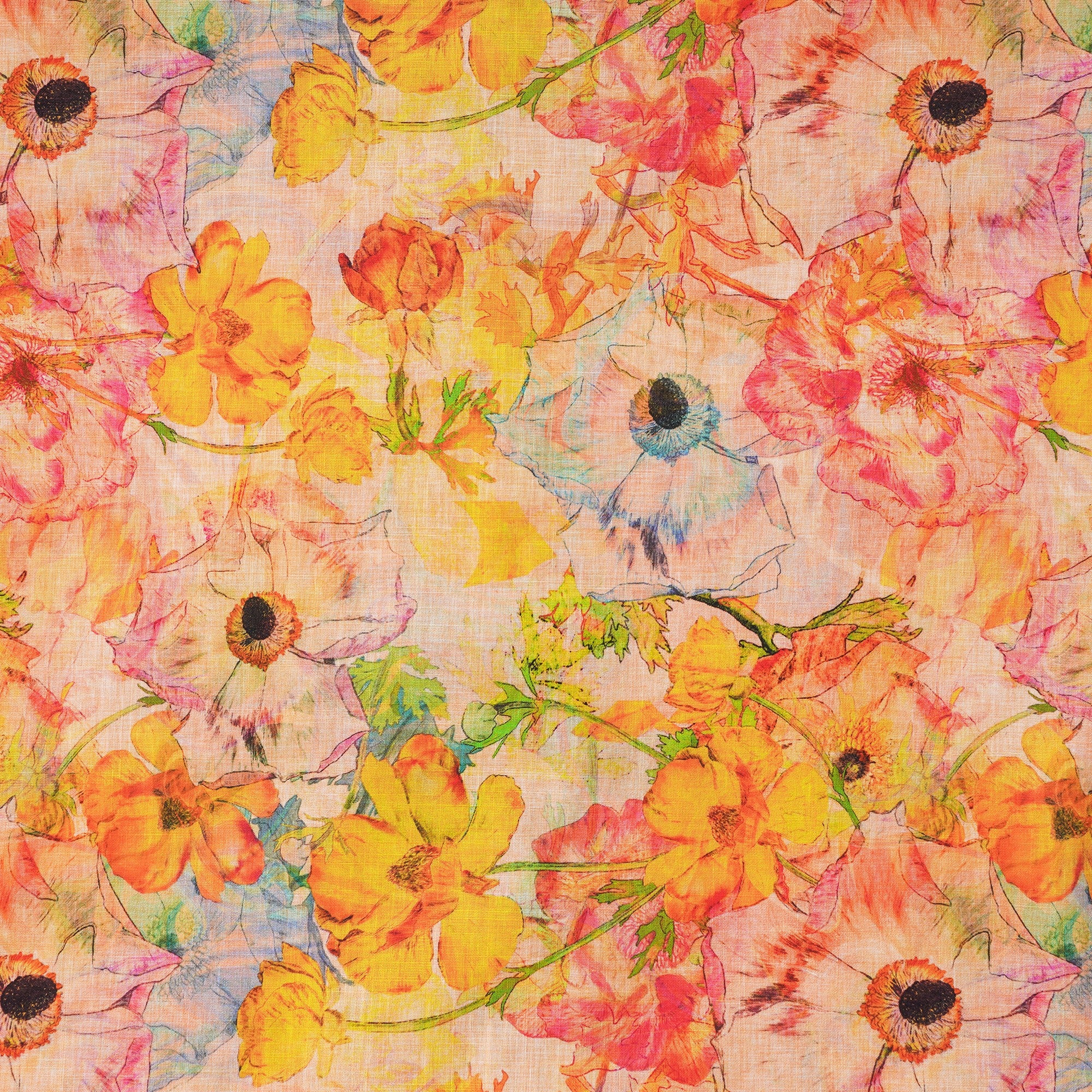 Women's Hawaiian Shirt Short Sleeve Camp Collar 100% Cotton Yellow Aloha Ranunculus Flowers By Pascale Dilger