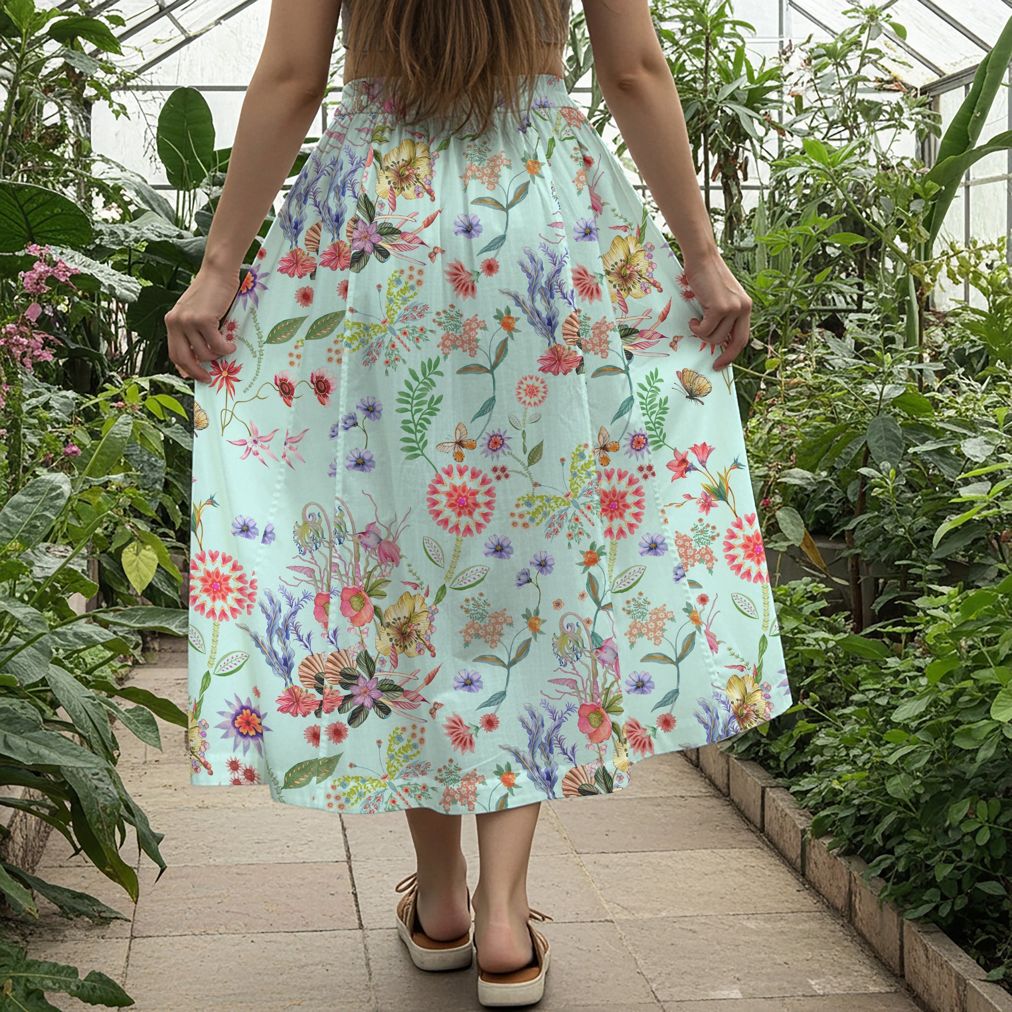 Women Casual Maxi Skirt Long Elastic Waist with Pockets 100% Cotton Green Aloha Spring Blossoms And Butterflies Dancing Painting