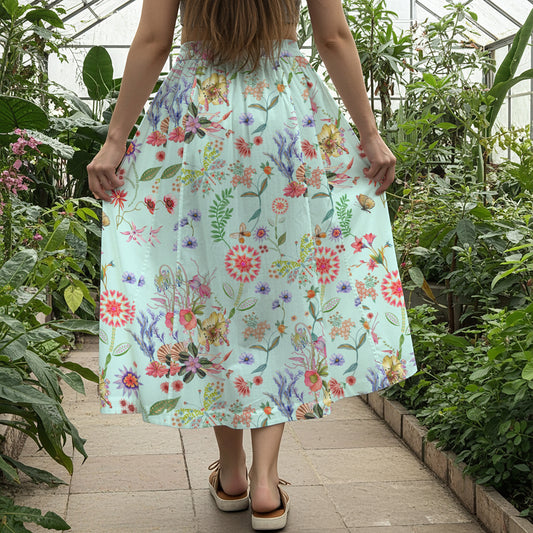 Women Casual Maxi Skirt Long Elastic Waist with Pockets 100% Cotton Green Aloha Spring Blossoms And Butterflies Dancing Painting