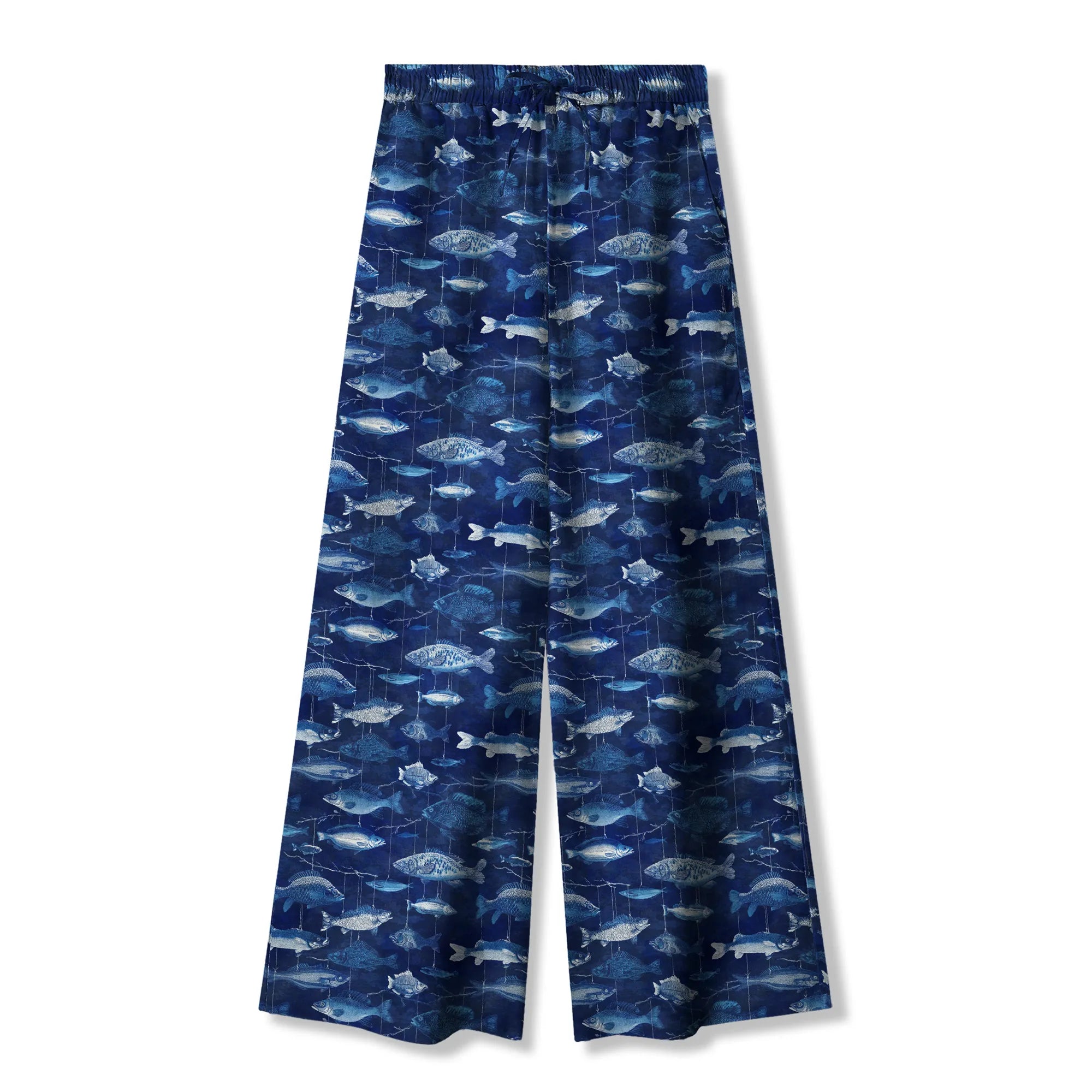 Art-inspired women's pants, blue with fish design