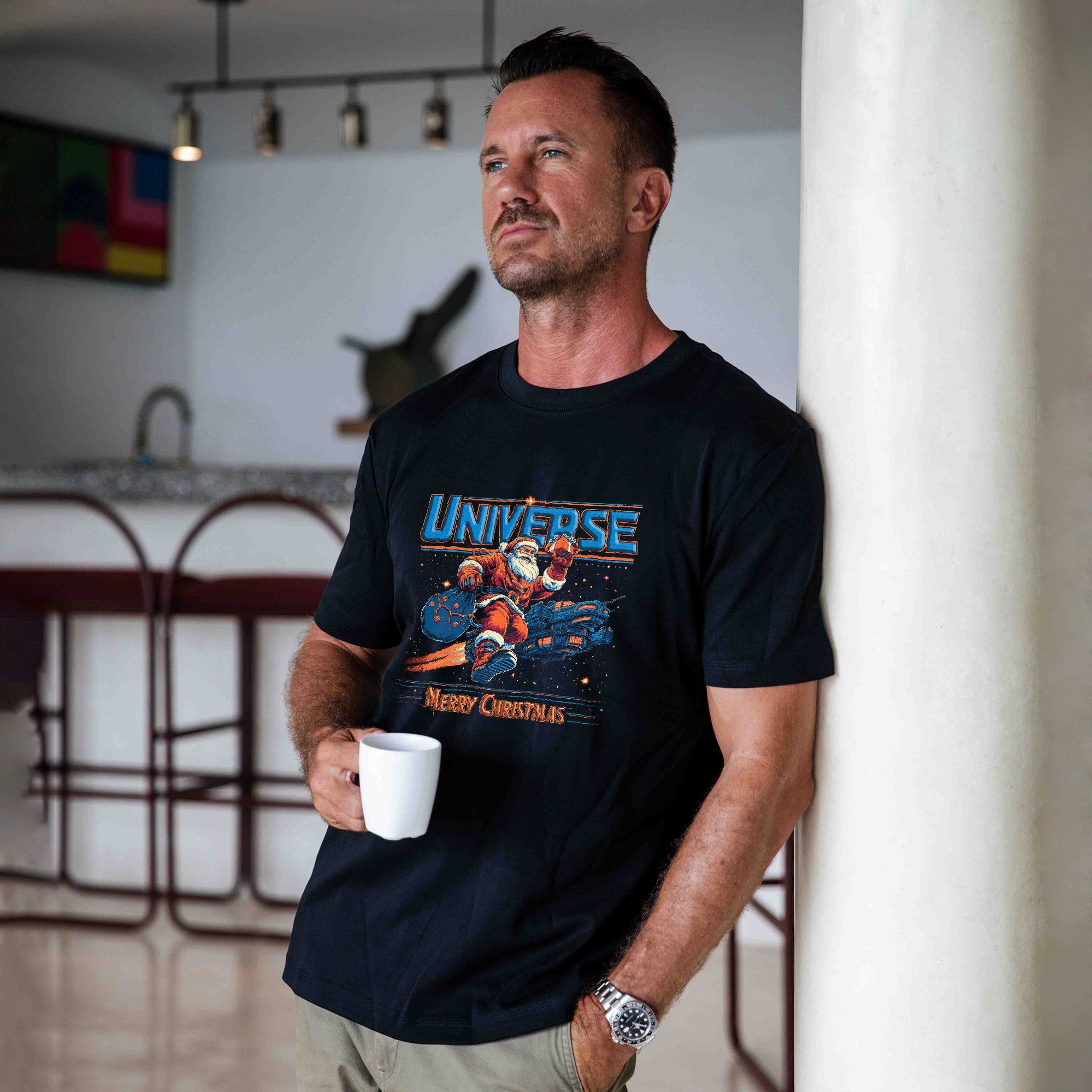 Tee-shirt hawaïen à manches courtes 100% coton bleu Aloha Santa Claus explore le cosmos