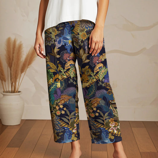 Women Casual Ankle Pants Lounge Elastic Waist with Pockets 93% Lyocell, 7% Linen Brown Aloha Magic Plants Realm