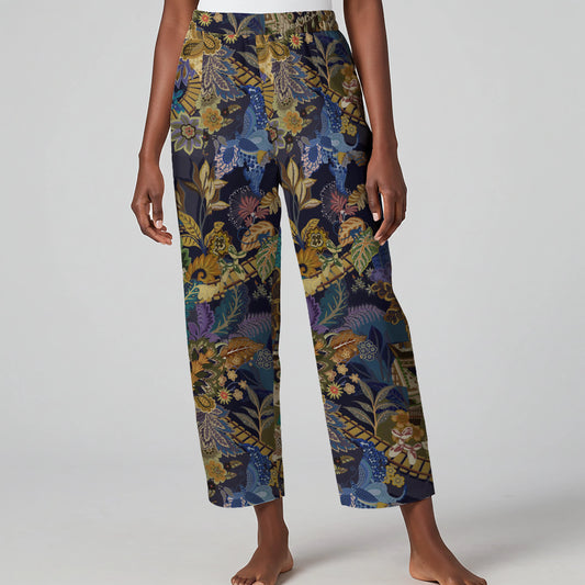 Women Casual Ankle Pants Lounge Elastic Waist with Pockets 93% Lyocell, 7% Linen Brown Aloha Magic Plants Realm