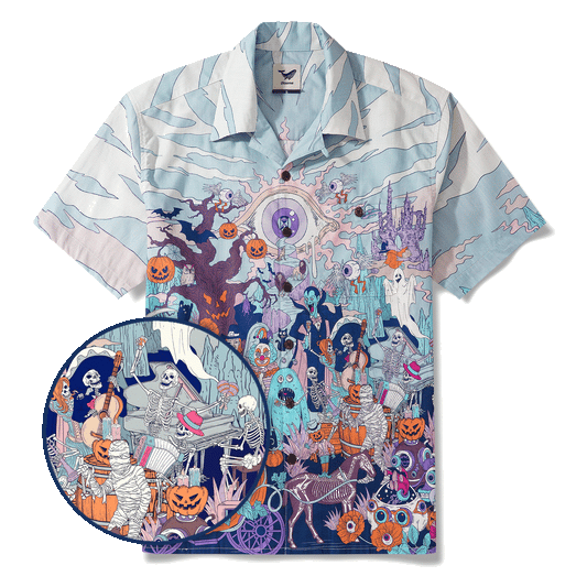 Men's Hawaiian Shirt Short Sleeve Camp Collar 100% Cotton White Aloha Midnight Halloween/Dante's Halloween