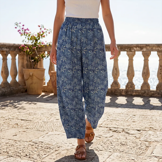 Women's blue indigo ankle pants with leaf pattern