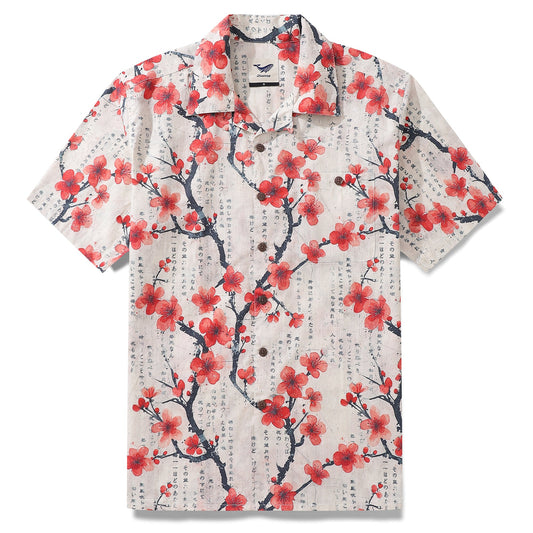 Chemise hawaïenne 100 % coton pour hommes - Chemise à col camp en fleurs de prunier poétiques