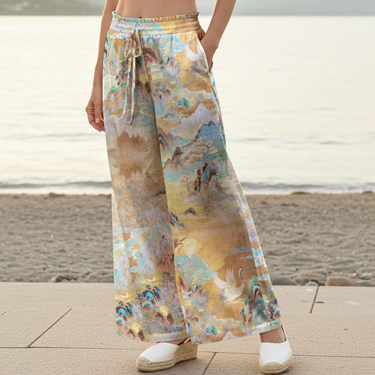 Women Casual Pants Lounge Elastic Waist Drawstring with Pockets 100% Cotton Aloha Crane Soaring To The Ninth Heaven