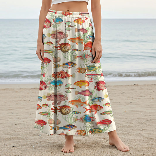 Women Casual Maxi Skirt Long Elastic Waist with Pockets 100% Cotton Beige Aloha Symphony Of The Sea