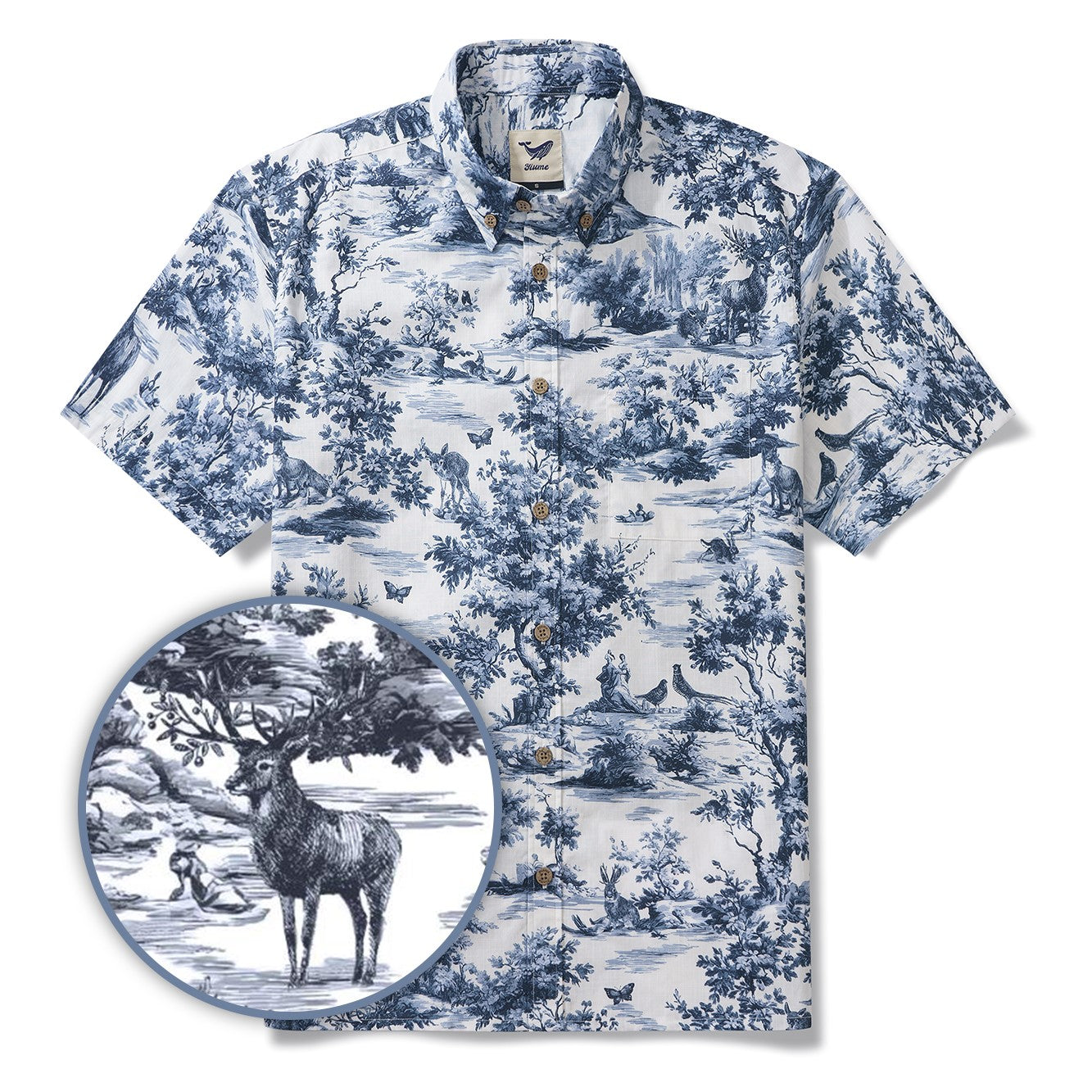 Toile de Jouy Jungle Oasis Shirt 100% Cotton Men's Short Sleeve Button-down Shirt Gray Aloha Hawaiian