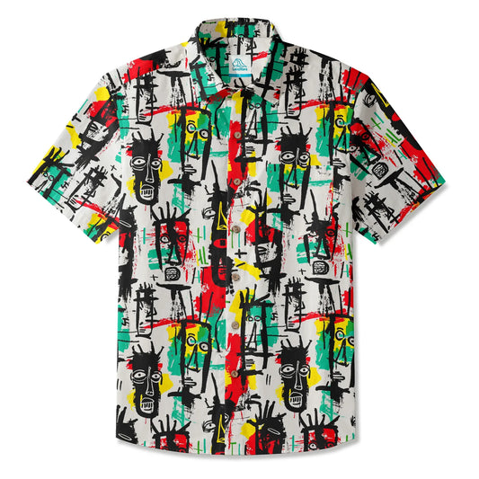 Men's Hawaiian shirt with quirky face doodles, white cotton