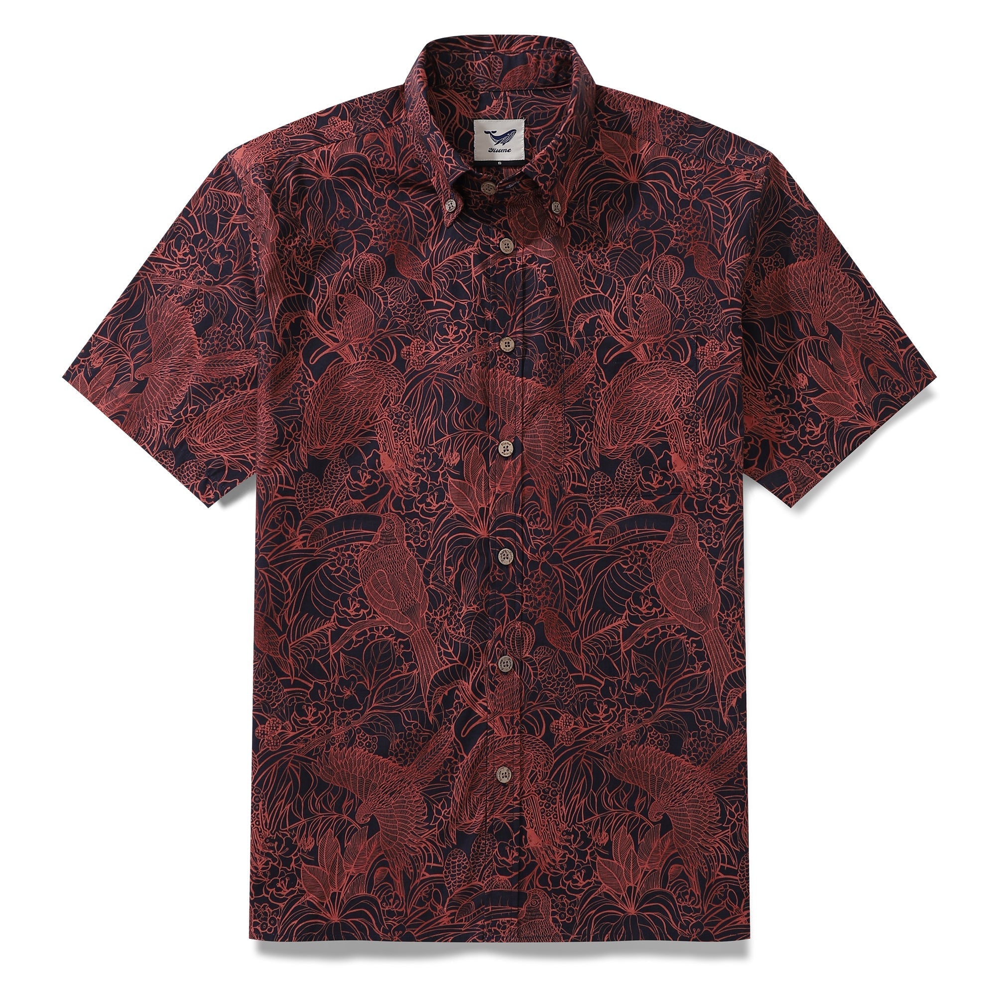 Men's Breathable Shirt Red Hawaiian Shirt Birds Print 100% Cotton Short Sleeve Button-down Shirt