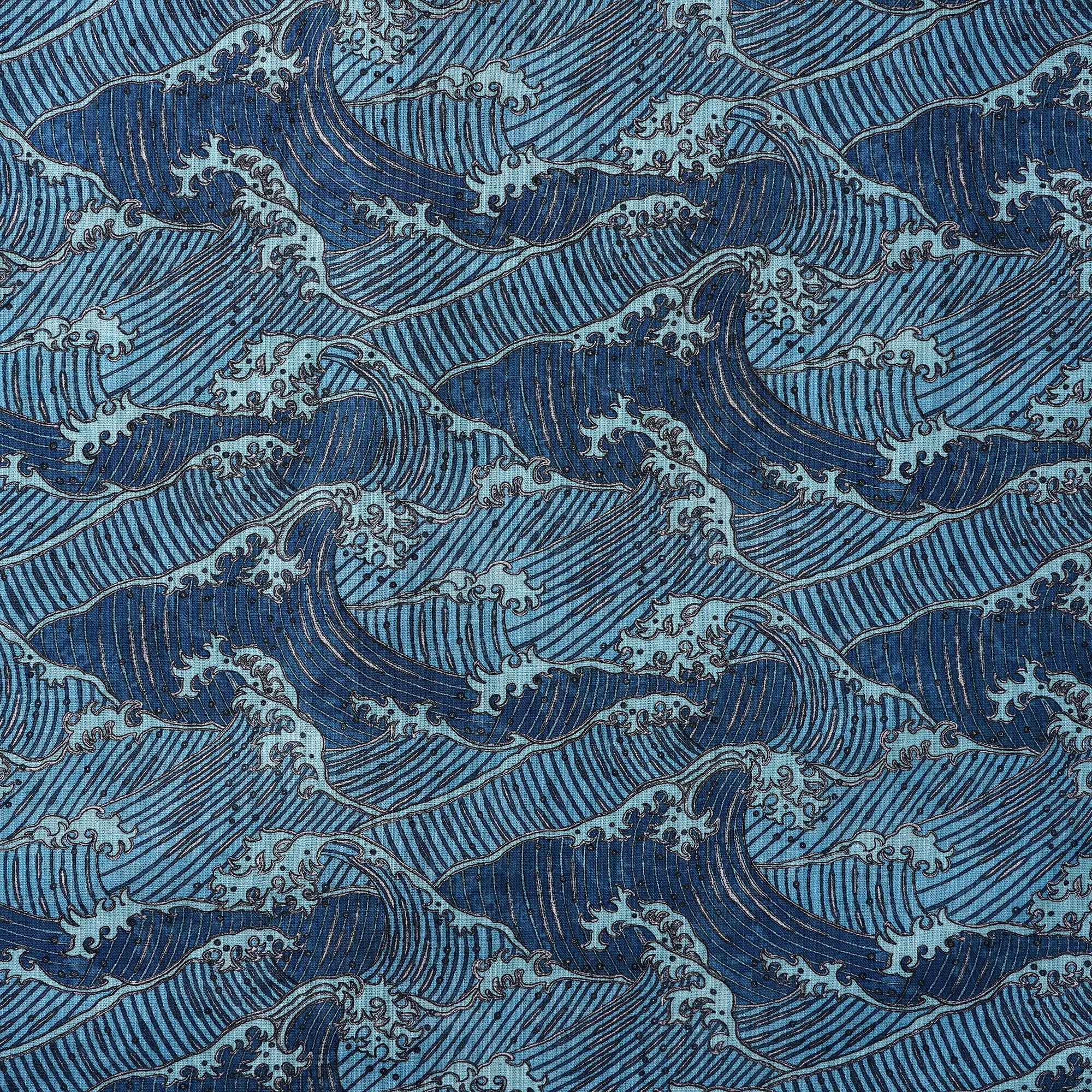 Men's Hawaiian Shirt Long Sleeve Button-down 100% Cotton Blue Aloha Surging Waves Of Ukiyo-e