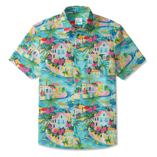 LeosWare Lemon Flavor Men's Hawaiian Shirt, blue tropical design