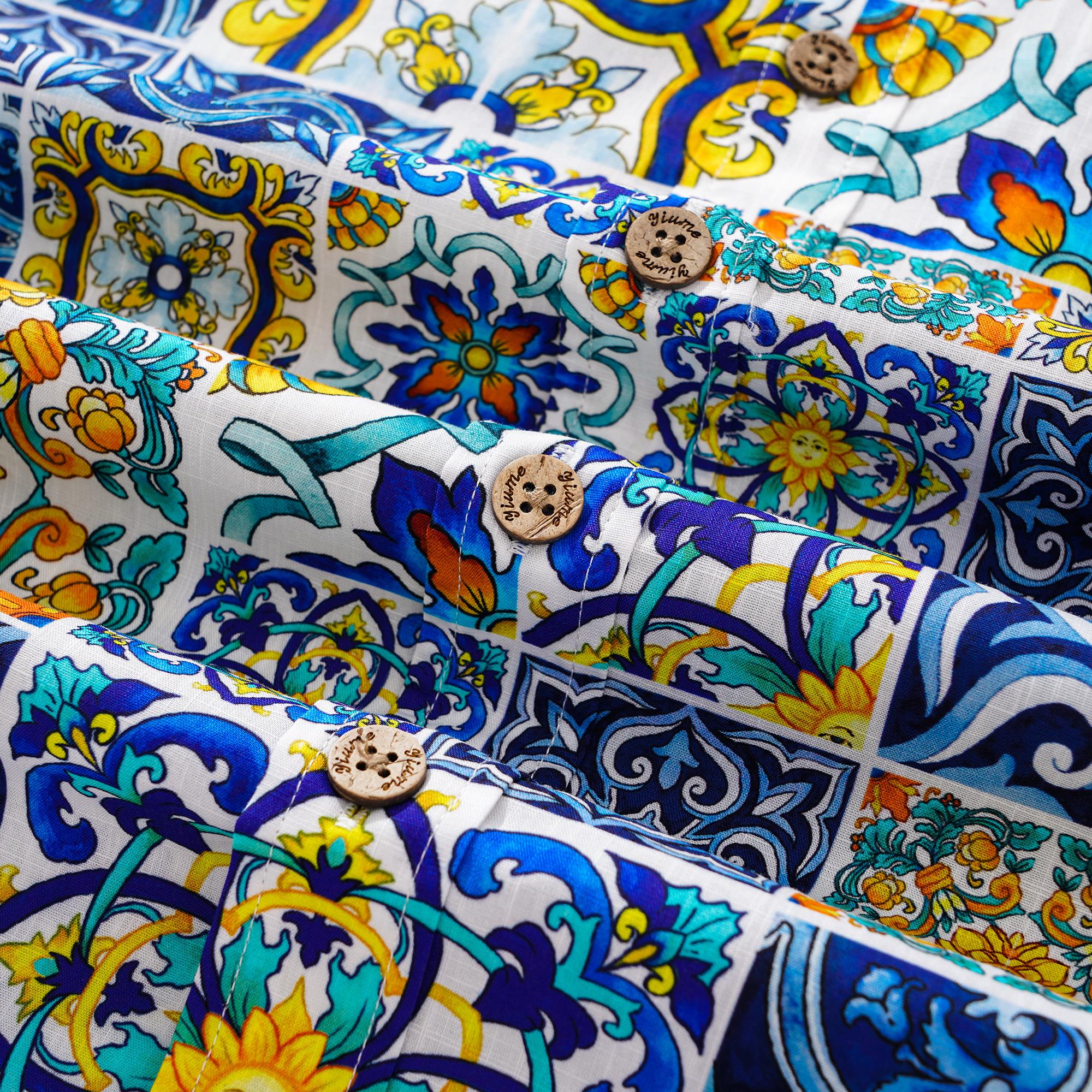 Herren-Hawaiian-Hemd Kurzärmel Button Down 100% Baumwoll weiße Aloha Sizilian Fliesen Eleganzsammlung