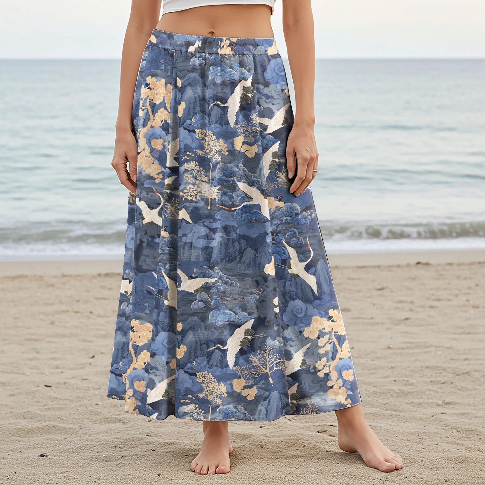 Women Casual Maxi Skirt Long Elastic Waist with Pockets 100% Cotton Blue Aloha Oriental Crane Landscape