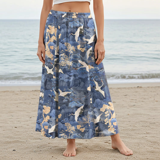 Women Casual Maxi Skirt Long Elastic Waist with Pockets 100% Cotton Blue Aloha Oriental Crane Landscape