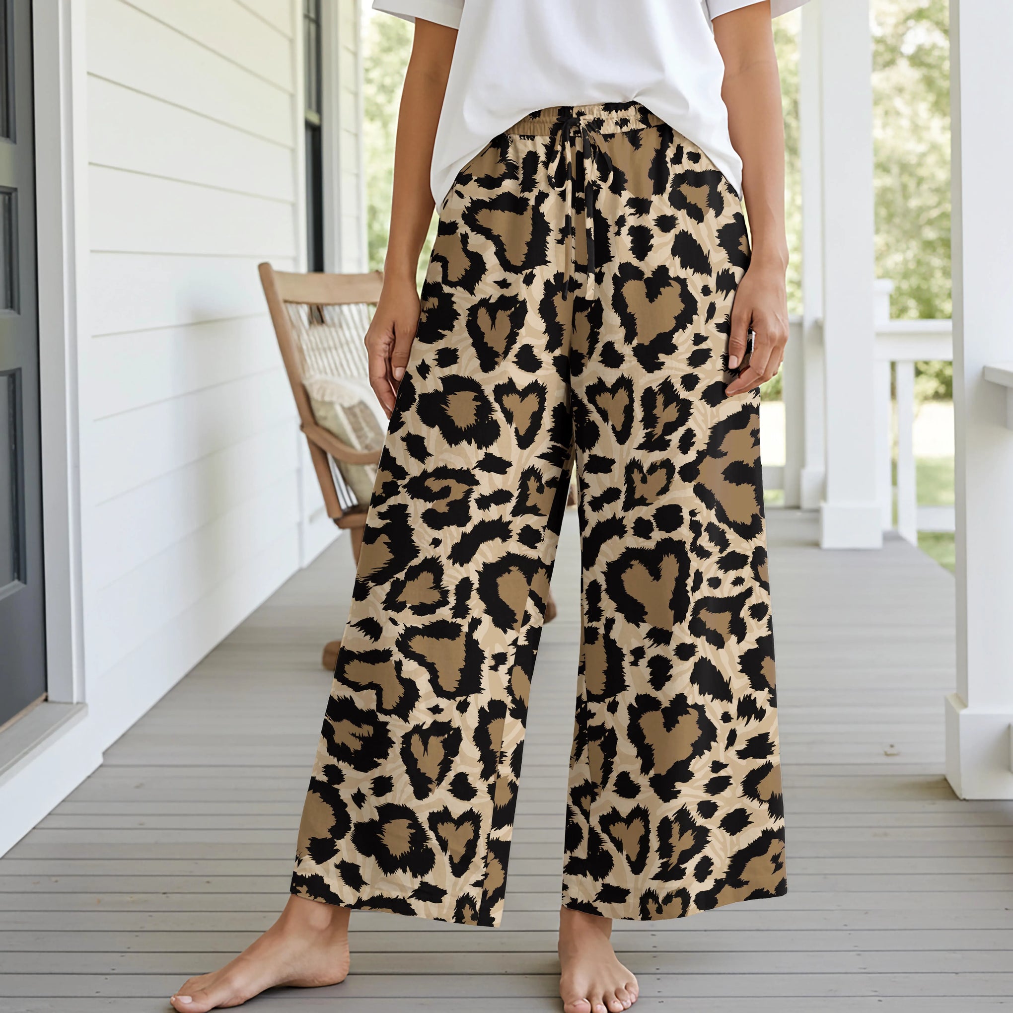 Women Casual Pants Lounge Elastic Waist Drawstring with Pockets 93% Lyocell, 7% Linen Black Aloha Leopard Wilderness Whisper