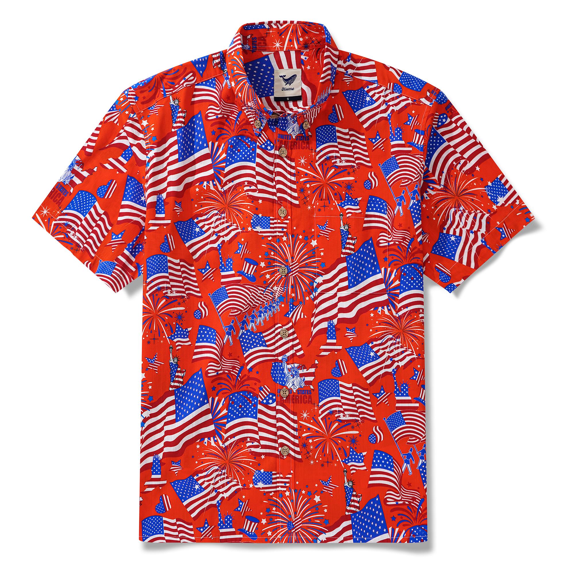 Herren-Hawaiian-Hemd Kurzärmel Button Down 100% Baumwoll weiße Aloha American Feier