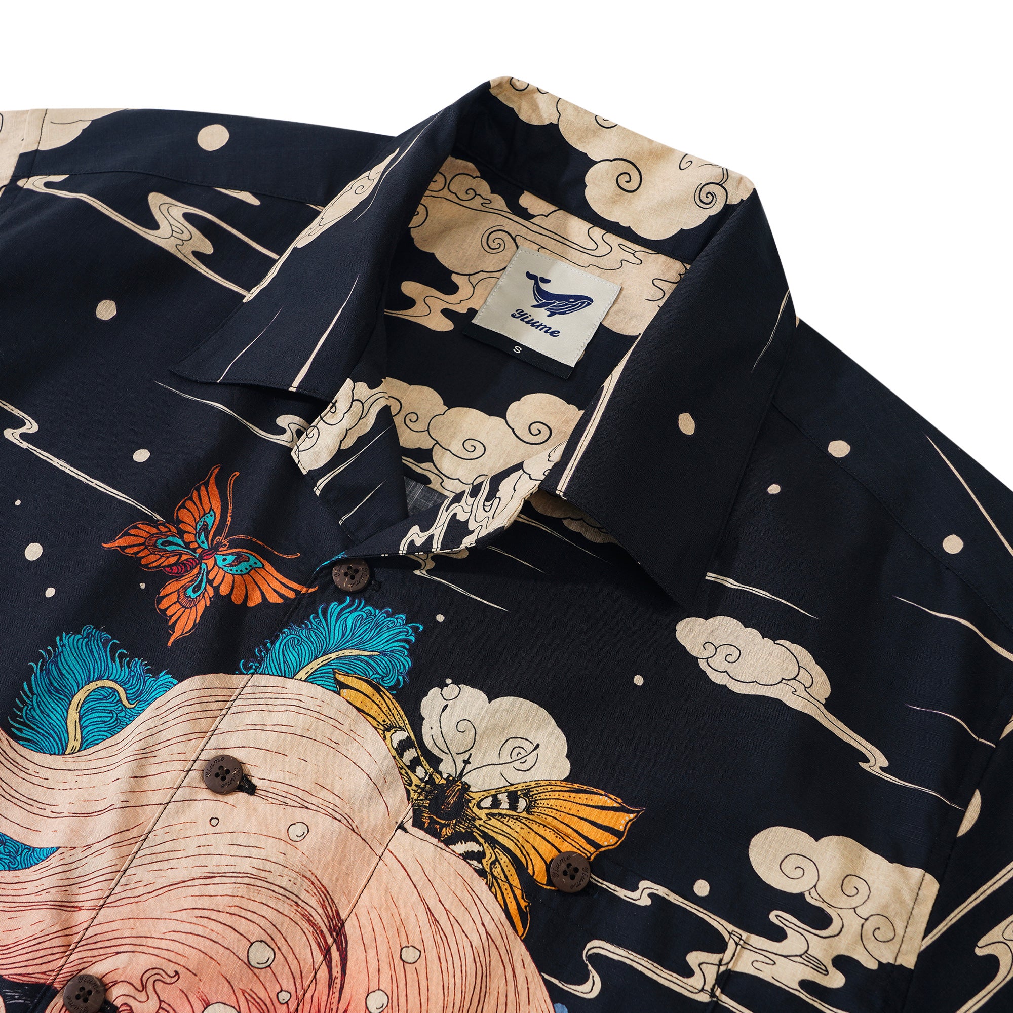 Herren Hawaiian Shirt Kurzarm Camp Kragen 100% Baumwolle Schwarz Aloha Ukiyo Nr. 3 von Rlon