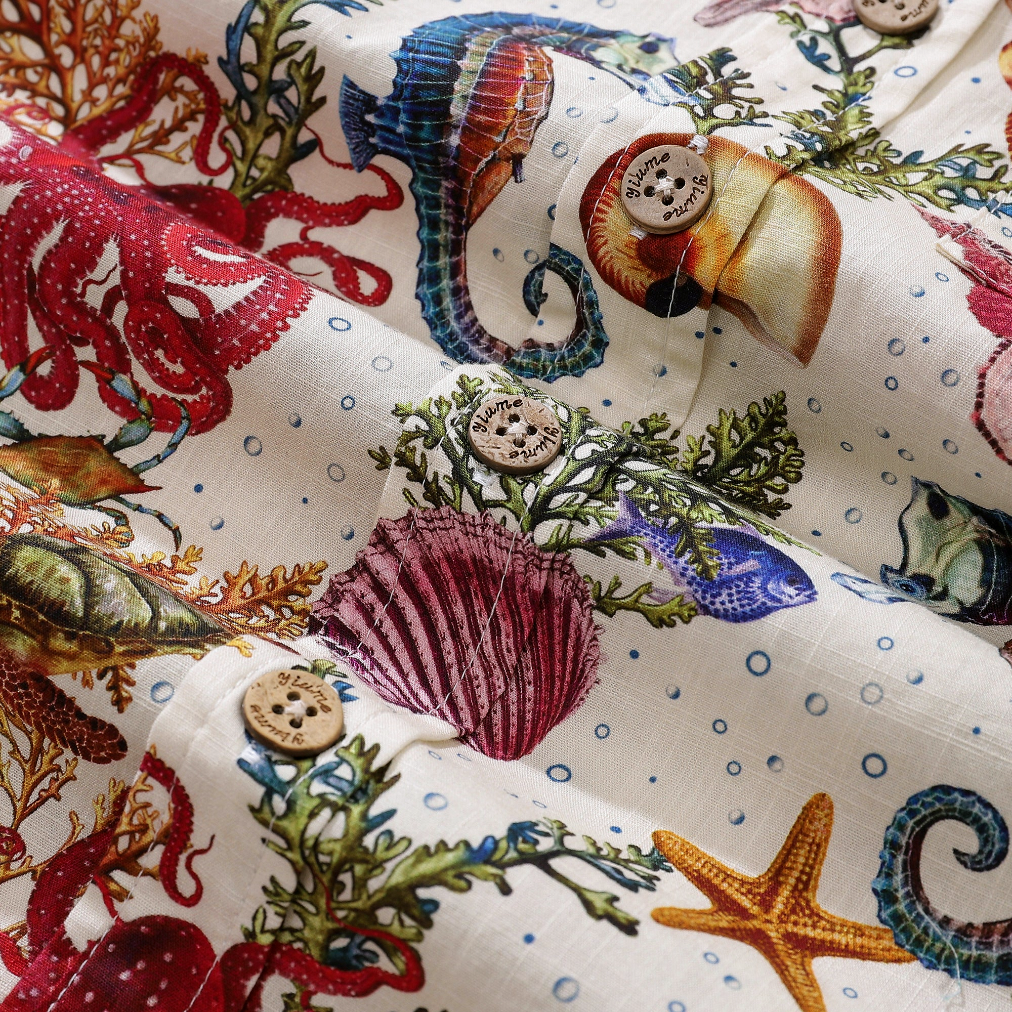 Kinder-Hawaiihemd mit Meeresleben, Seepferdchen und Oktopus-Aufdruck, Baumwolle, kurzärmlig, mit Knopfleiste