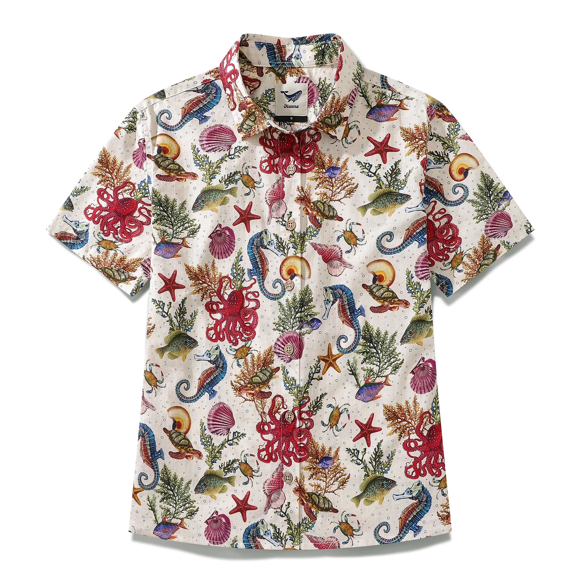 Damen-Hawaiihemd mit Meereslebewesen, Seepferdchen und Oktopus-Aufdruck, kurzärmeliges Baumwoll-Button-Down-Hemd