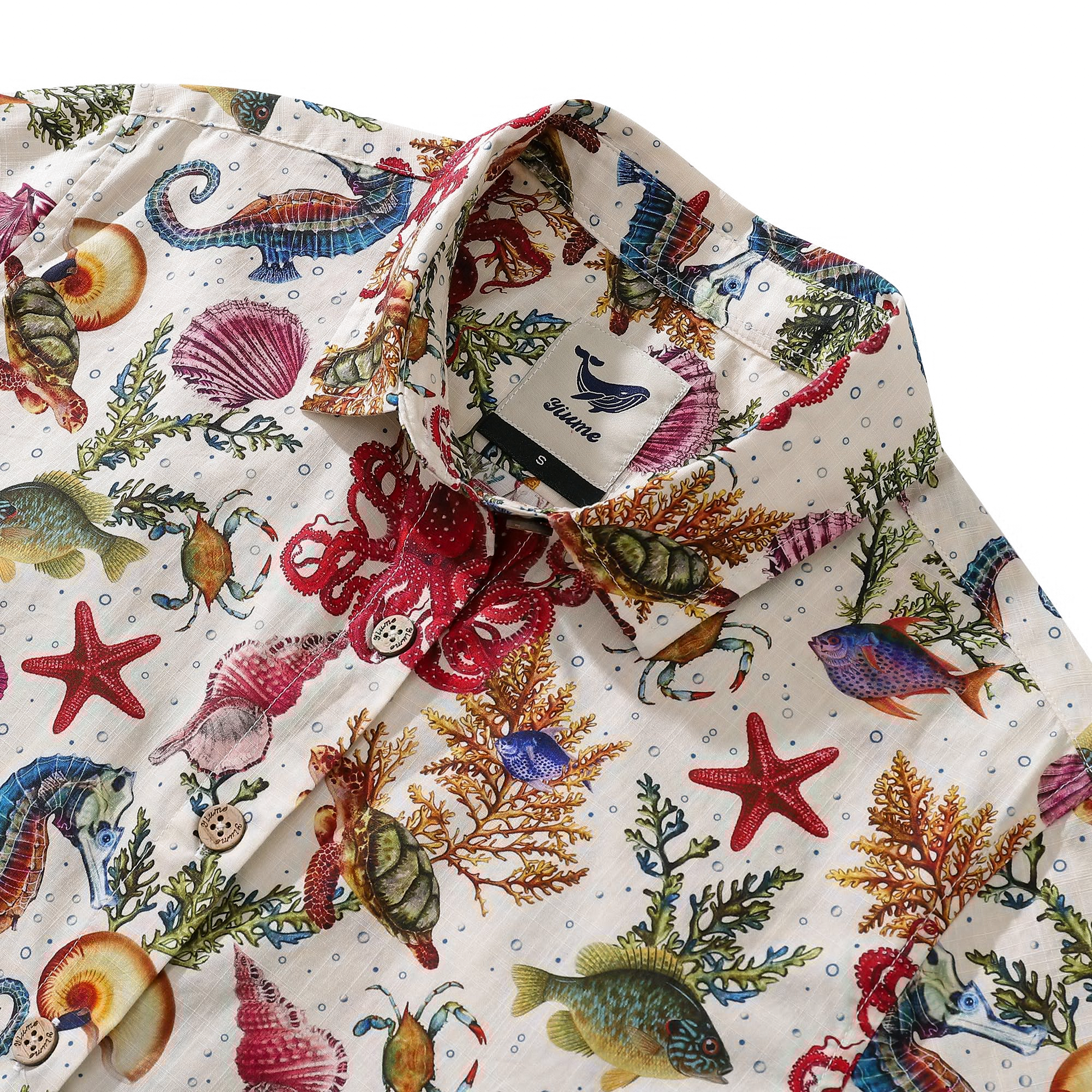 Damen-Hawaiihemd mit Meereslebewesen, Seepferdchen und Oktopus-Aufdruck, kurzärmeliges Baumwoll-Button-Down-Hemd