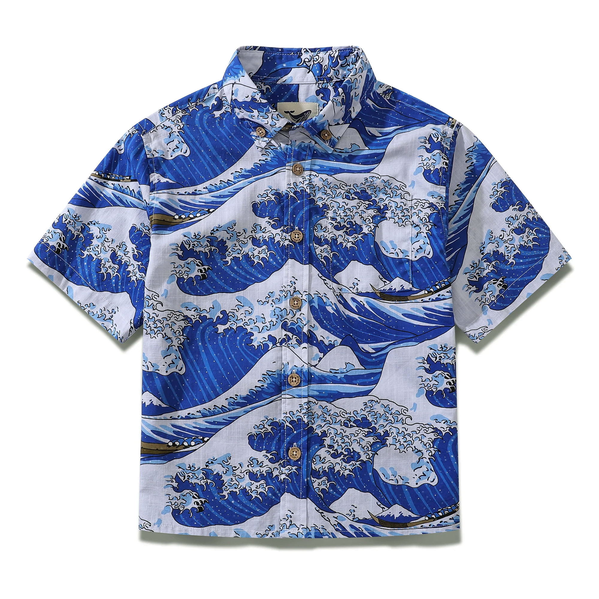 Hawaiihemd für Kinder, Ozeanwellen, japanischer Ukiyo-e-Aufdruck, Baumwolle, kurzärmlig, mit Knopfleiste
