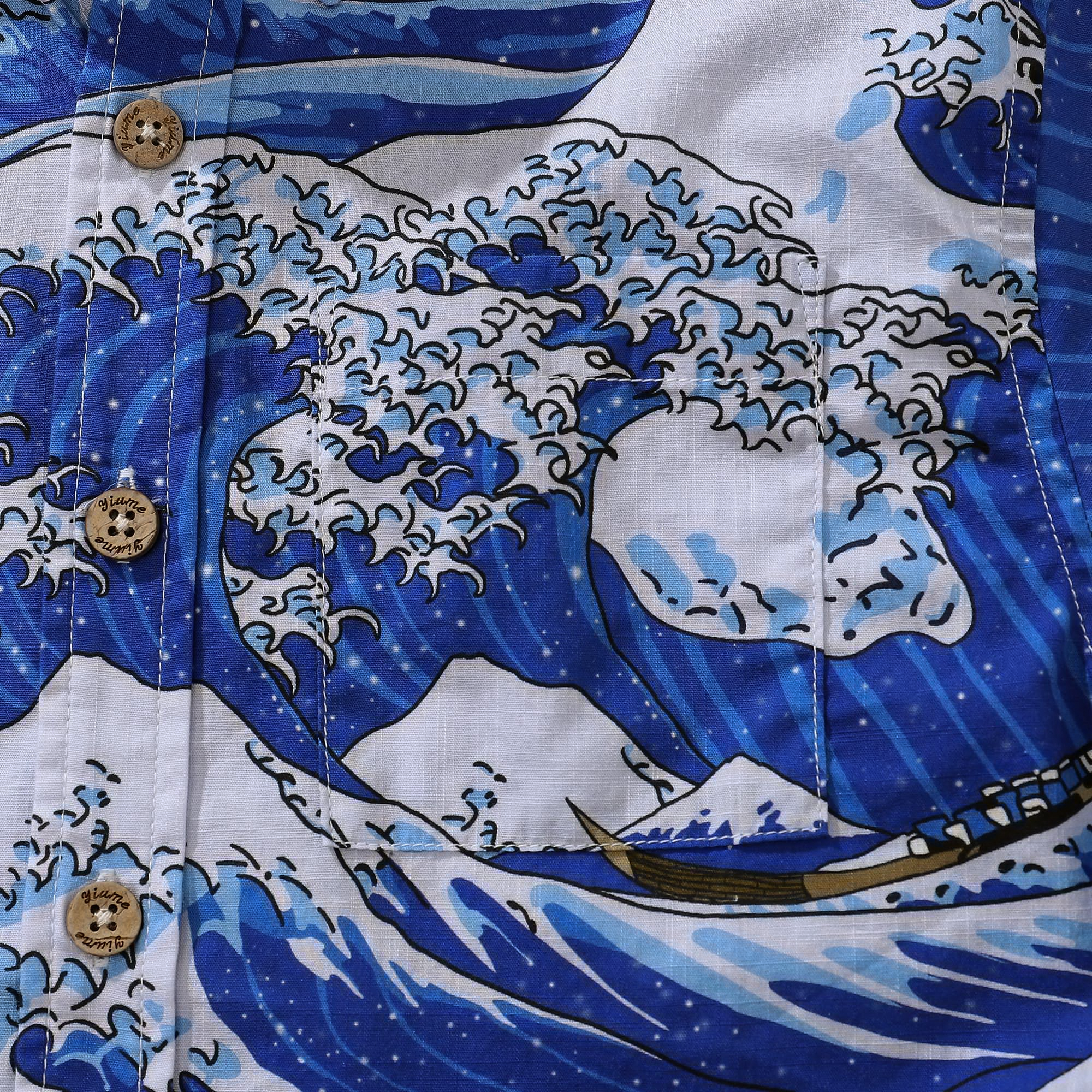 Hawaiihemd für Kinder, Ozeanwellen, japanischer Ukiyo-e-Aufdruck, Baumwolle, kurzärmlig, mit Knopfleiste