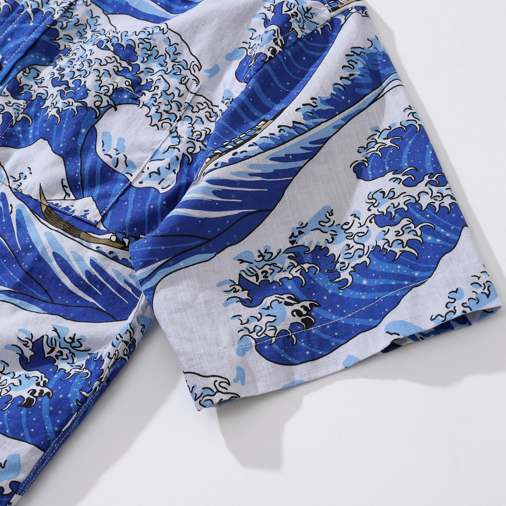 Camisa hawaiana para niños Ocean Waves japonés Ukiyo-e estampado algodón con botones manga corta