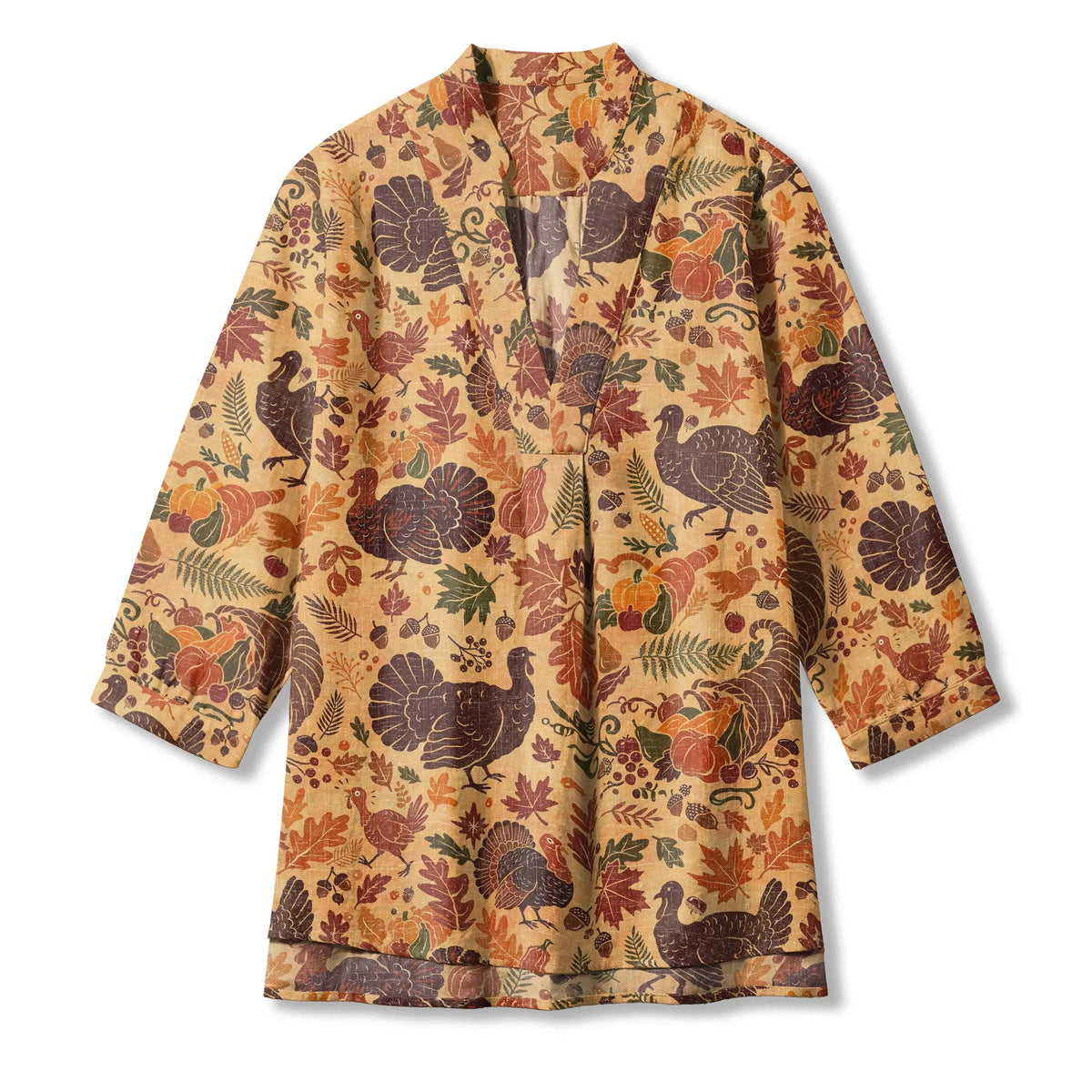 Thanksgiving theme blouse, yellow, V-neck, 3/4 sleeve