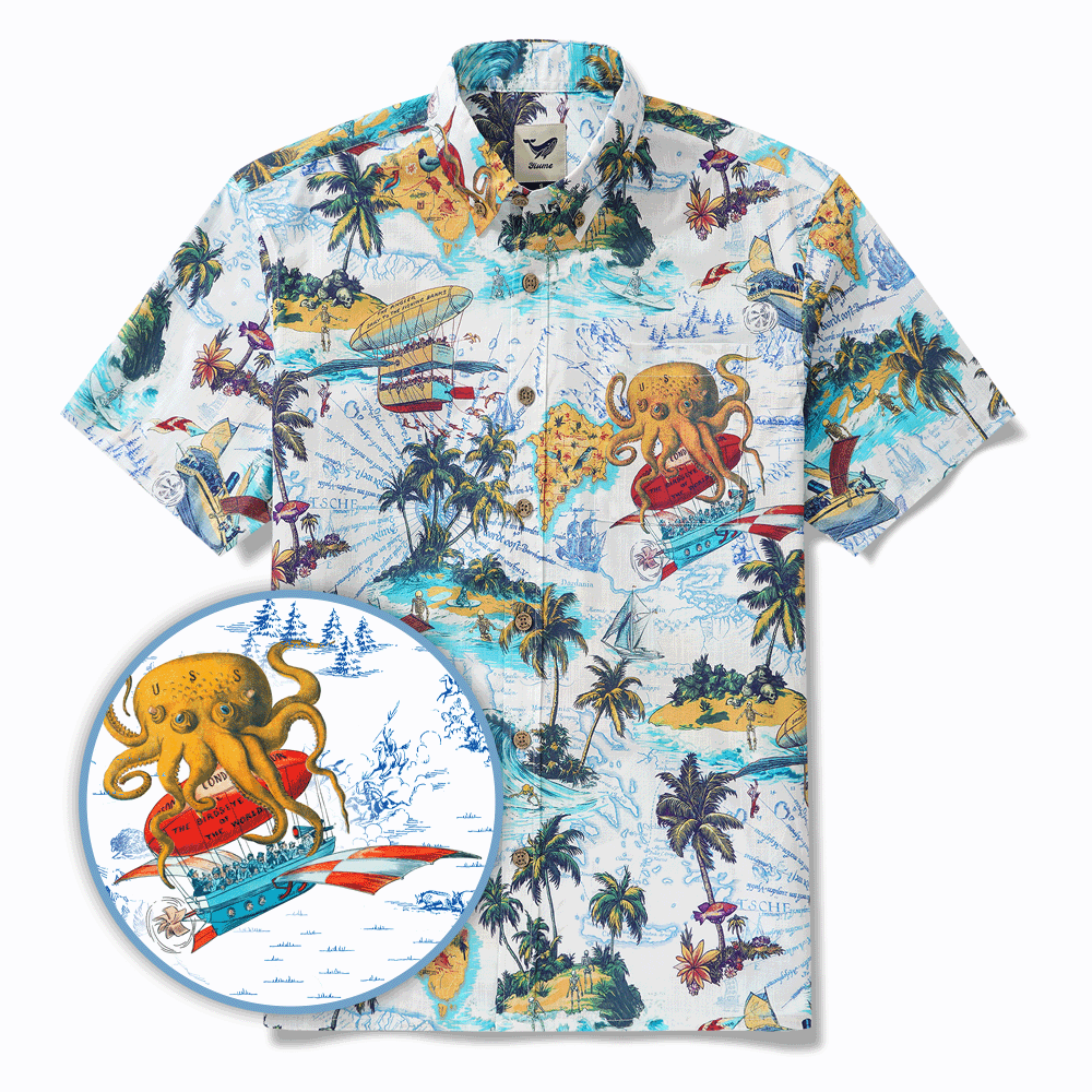 Chemise hawaïenne masculine à manches courtes à manches courtes 100% coton bleu Aloha Ocean Dreamer