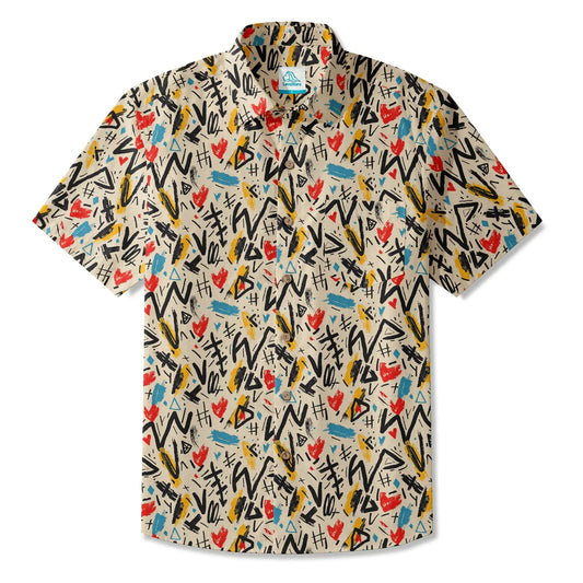 LeosWare Men's Hawaiian Shirt, beige graffiti print, short sleeve