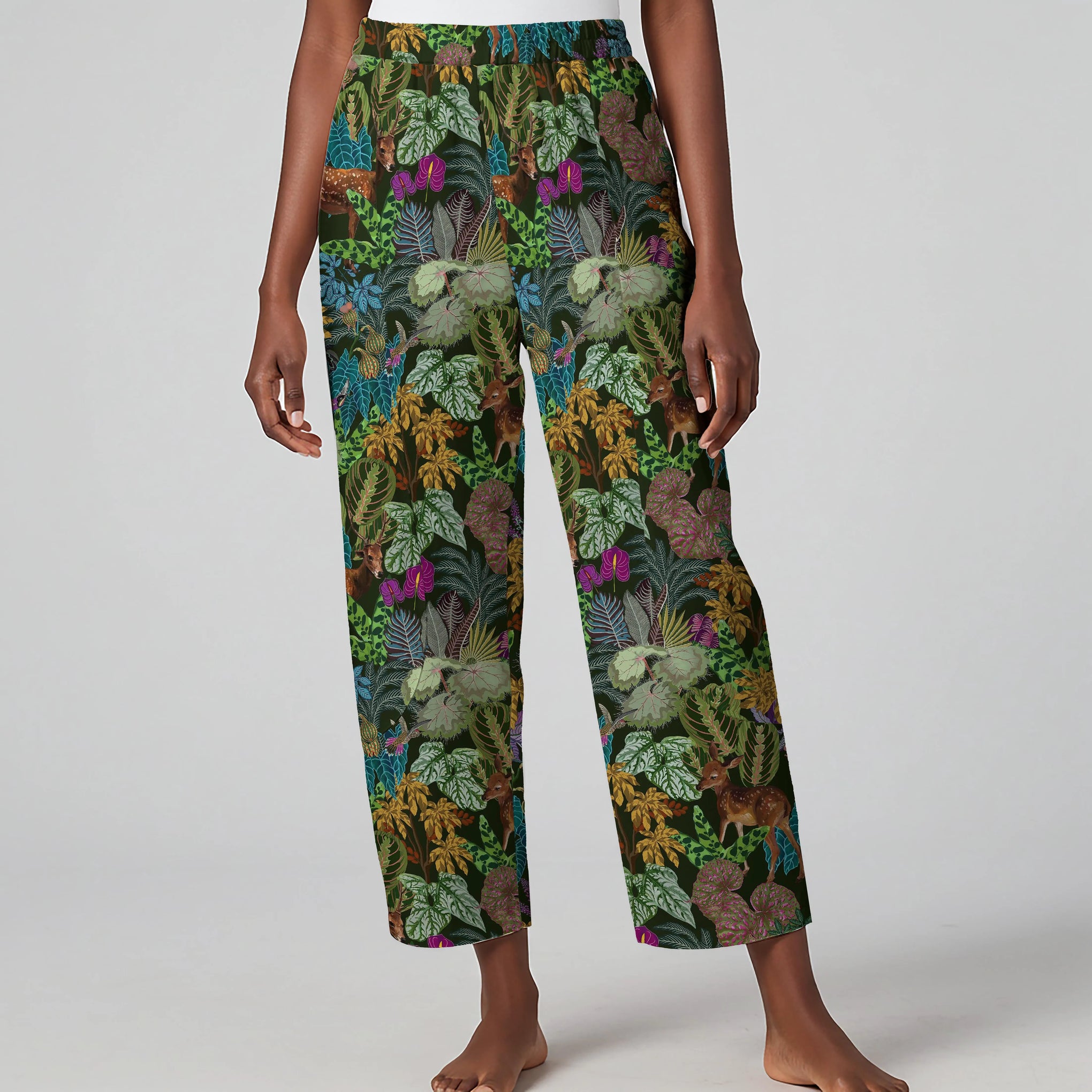 Women Casual Ankle Pants Lounge Elastic Waist with Pockets 93% Lyocell, 7% Linen Green Aloha Enchanted Forest Deer