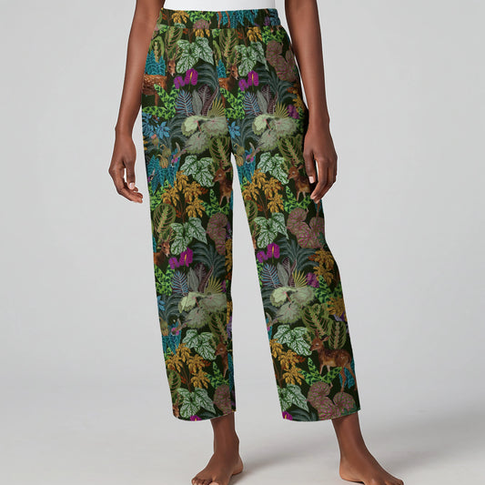 Women Casual Ankle Pants Lounge Elastic Waist with Pockets 93% Lyocell, 7% Linen Green Aloha Enchanted Forest Deer