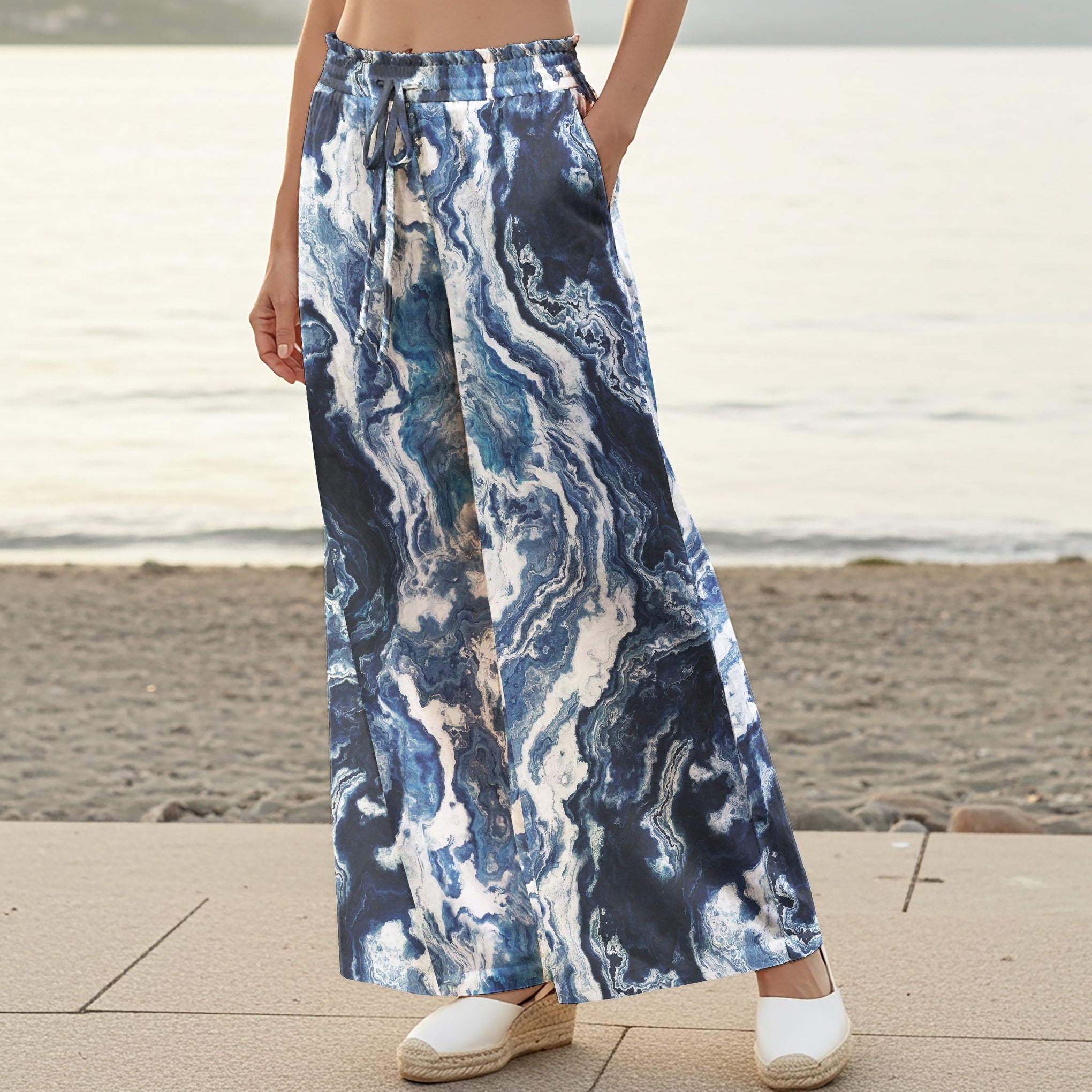 Women Casual Pants Lounge Elastic Waist Drawstring 100% Cotton Blue Aloha Blue Ocean Vibes