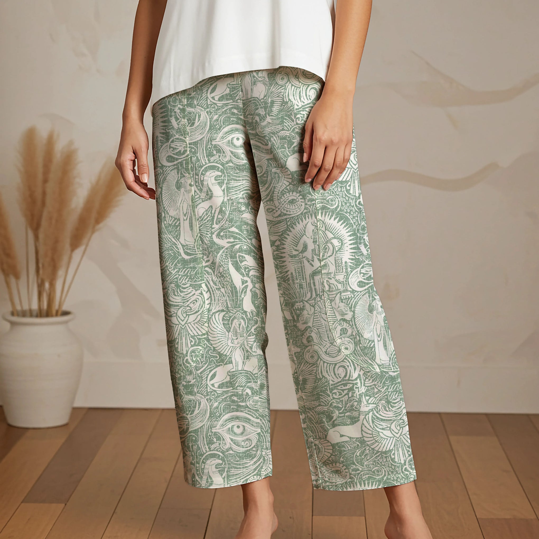 Women Casual Ankle Pants Lounge Elastic Waist with Pockets 93% Lyocell, 7% Linen Green Aloha Egyptian Myths