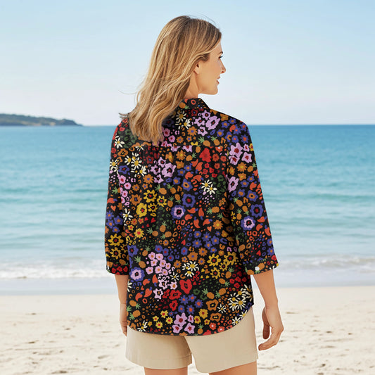 Women Casual Blouse 3/4 Sleeve V-neck Shirt Collar 100% Lyocell Black Aloha Midnight Blossoms