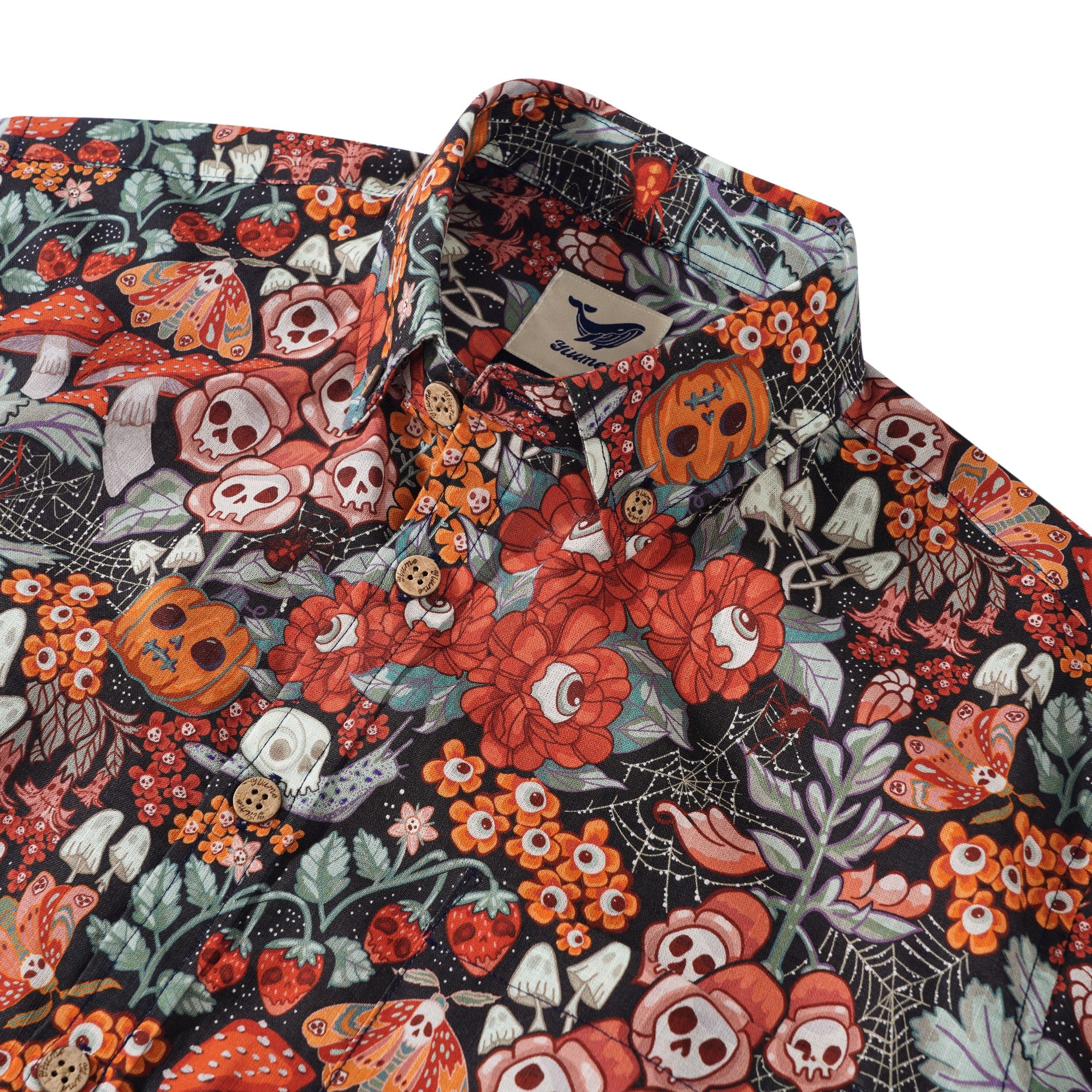 Men's Hawaiian Shirt Long Sleeve Button-down 100% Cotton Green Aloha Halloween Cottage Garden By Bienvenido Colorido