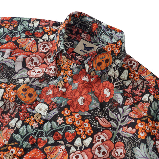 Men's Hawaiian Shirt Long Sleeve Button-down 100% Cotton Green Aloha Halloween Cottage Garden By Bienvenido Colorido