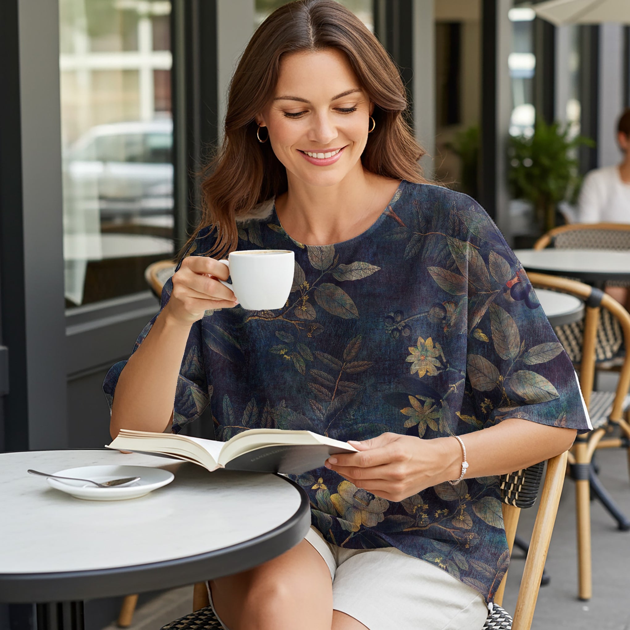 Women Casual Blouse Elbow Sleeve Round Neck Button-Back 95% Lyocell, 5% Linen Green Aloha Atmospheric Plant Whispers