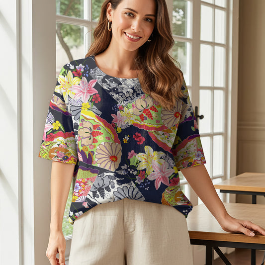 Women Casual Blouse 3/4 Sleeve Round Neck 95% Lyocell, 5% Linen Blue Aloha Graceful Japanese Floral Fan