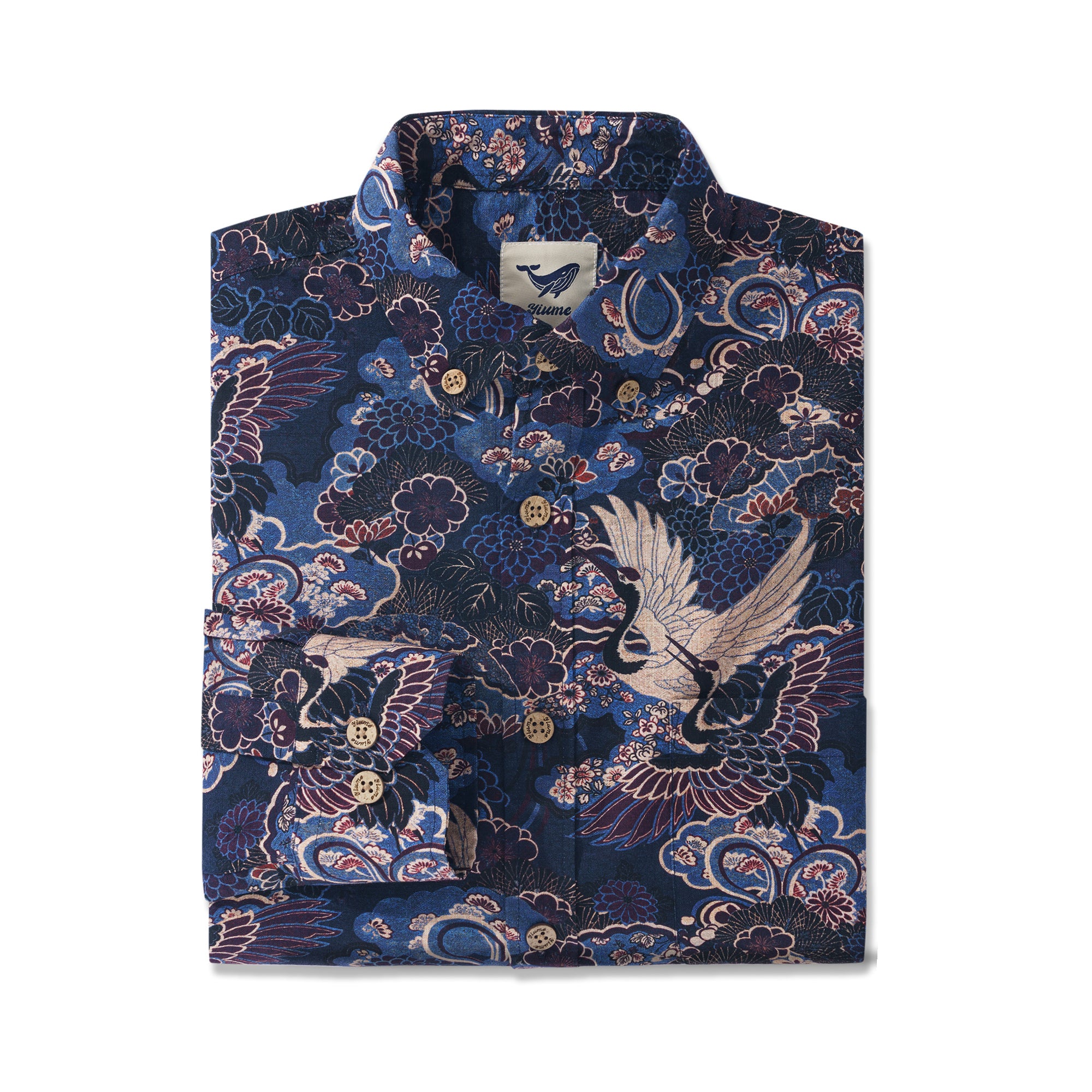 Chemise à manches longues à boutons Aloha hawaïenne pour homme en 100 % coton, couleur bleu nuit Crane Reverie
